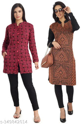 Multi-colored woolen kurta and cardigan set in vibrant prints, perfect for women's winter wear, Made in India