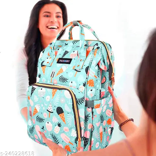 Light blue unicorn diaper backpack, polyester net with 3-layered protection for waterproof maternity bag. Features 13 pockets, 3 insulated bottle holders, and anti-theft back pocket. Perfect for organizing baby essentials during travel or daily outings