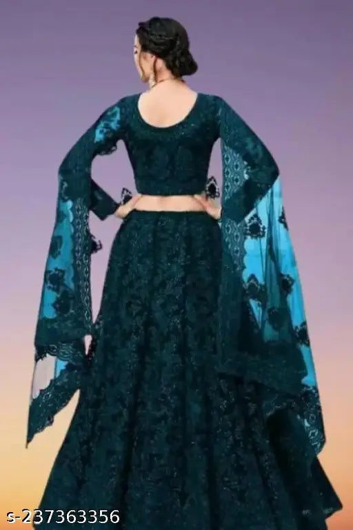 Embroidered acrylic lehenga set with net dupatta, semi-stitched (waist 42in, length 46in), Indian craftsmanship