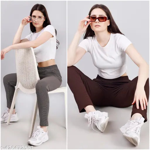 High-rise, comfortable Cotton Lycra women's track pants combo set with elastic belt and drawstring, featuring textured net pattern and two side pockets