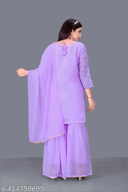 Embellished Georgette full-sleeve kurta sharara set with duppata and bottomwear, Indian festival wear for women" (125 characters)