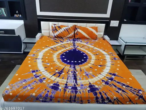 Saffron-purple tie-dye cotton double bedsheet & pillow covers, traditional Rajasthani Bandhani design - summer home decor