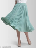 All-light-green crepe midi skirt, solid pattern, versatile fit for sizes 28 to Free