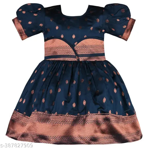 Silver silk blend knee-length flare pattu pavadai dress for girls (6-9 months - 5-6 years), elegant Indian attire with printed net pattern and long sleeves