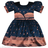 Silver silk blend knee-length flare pattu pavadai dress for girls (6-9 months - 5-6 years), elegant Indian attire with printed net pattern and long sleeves