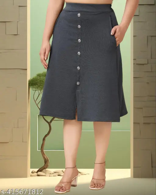 Designer cotton blend A-line denim skirt, embellished net pattern, knee length for women (size 26/28/30/32/34) on mannequin