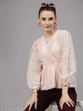 Peach cotton lace casual top, printed net pattern, long sleeves, cinched elastic waist with peplum, perfect for women's fashion in India