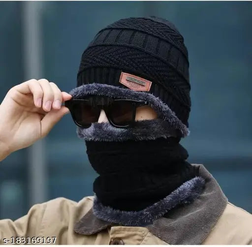 Striped wool beanie, neck scarf, and polarized sunglasses - winter essentials from India
