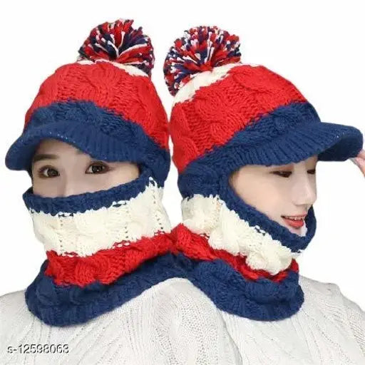 Black and grey textured acrylic women's winter cap with face cover (2-in-1), infinity scarf & neck warmer set - Pack of 1, from China