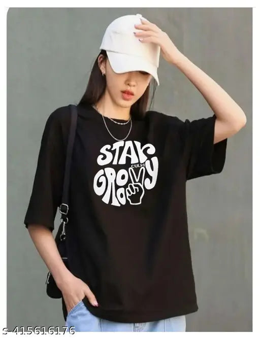 Oversized black cotton blend t-shirt with printed net design, XS-XXXL sizes available