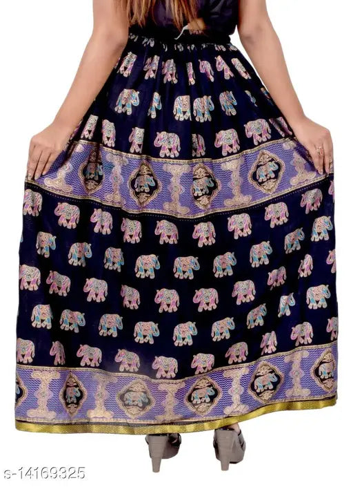 Black printed rayon flared skirt for women, stylish and free-size with a net pattern