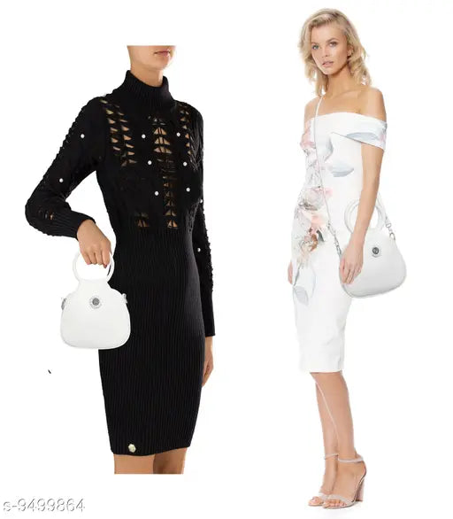 White faux leather sling bag, two compartments, Indian-origin accessories on display