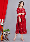 Red-orange rayon Anarkali kurti dress for women with printed combo pattern on display