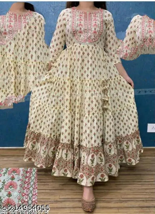 Rayon printed cram flower kurtis, three-quarter sleeve style - M (bust size: 40in), L (bust size: 38in), available in XL, XXL, 4XL. Indian ethnic wear for women