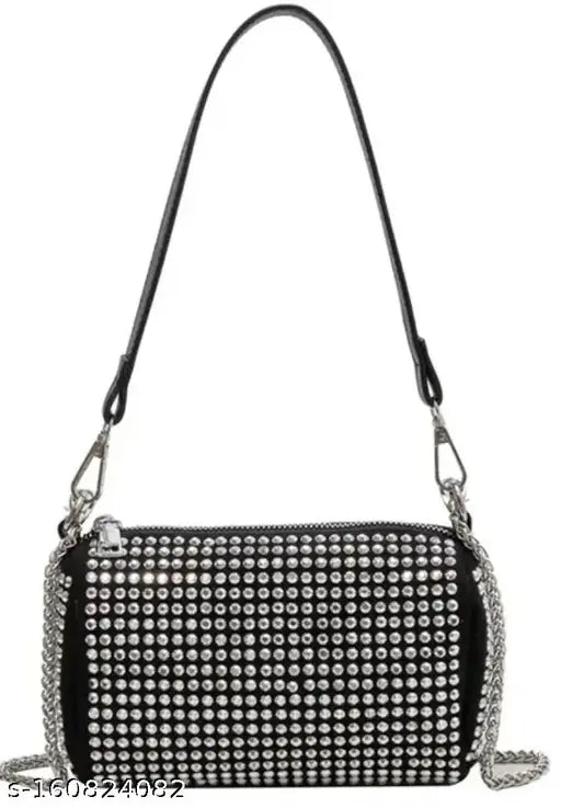 PU textured net diamond sling bag, 2 compartments, free size (17in x 4in x 7in), embellished, India origin