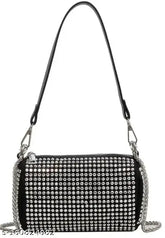 PU textured net diamond sling bag, 2 compartments, free size (17in x 4in x 7in), embellished, India origin