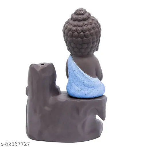 Blue black polyresin Buddha idol backflow incense holder with 10 cones, decorative artifact for spiritual homes