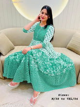 Pure cotton plus-size full flared long kurti, three-quarter sleeves, printed combo, available in multiple sizes (M-7XL). Mirrored work gown with lining, Indian origin