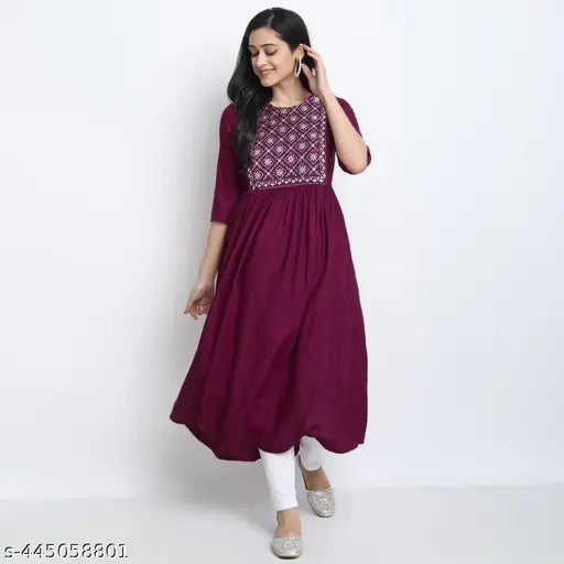 Rayon embroidered aline kurta, solid-combination three-quarter sleeves fashion wear for women on hanger