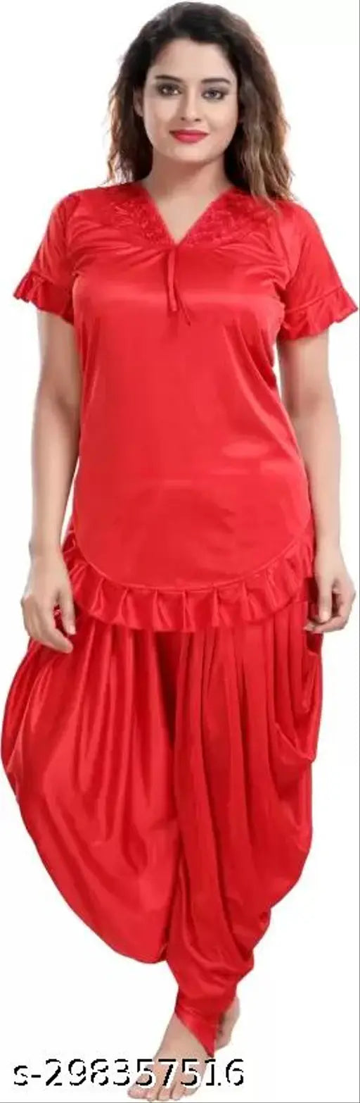 Red satin women's Patiala top & acrylic pants set, ideal for ladies nightwear by Mishka Fashion