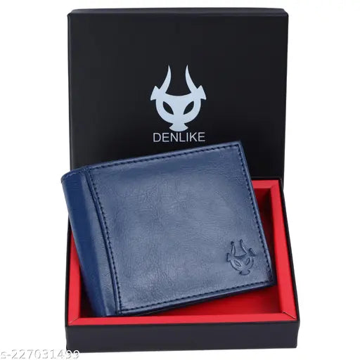 Blue faux leather men's wallet, 8 card slots, RFID, solid design