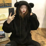 Black womens hoodie Jacket2, solid wool blouson in black, ideal for women's winterwear with hooded neck, suitable for all body types, lightweight and comfortable, made in India