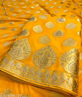 Golden Banarasi Chiffon Saree with Zari Woven Embroidery, Free Size, India-origin