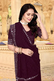 Embellished georgette saree with separate blouse, Queen Wine 01, Indian silver-gold Serovsaki and mirror work border, free size, 5.5m length