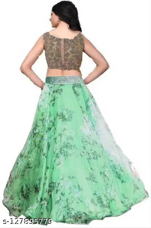 Green printed semi-stitched Lehenga Choli with floral embroidery and net fabric for traditional Indian wear