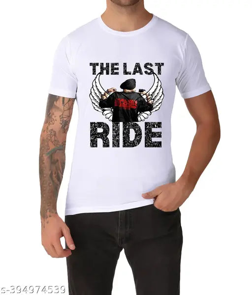Cotton blend Sidhu Moose Wala t-shirt printed with white artwork, modern casual wear for men