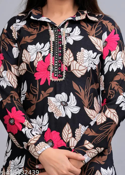Printed black floral Rayon kurta with Palazzo set, perfect for parties or special events