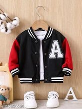 Stylish black and red kids' letterman bomber jacket with bold 'A', ideal for autumn outings, unisex design (12-18M, 18-24M, 9-10Y), made in India