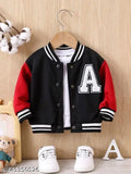 Stylish black and red kids' letterman bomber jacket with bold 'A', ideal for autumn outings, unisex design (12-18M, 18-24M, 9-10Y), made in India
