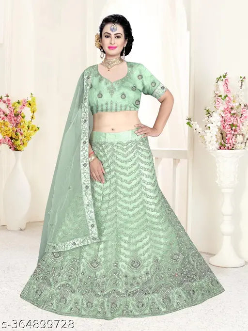 Green embroidered net Lehenga Choli and Dupatta set, heavy work for women's weddings, Indian origin
