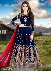 Indian taffeta silk embroidered net gown with long sleeves, size S-XXXL