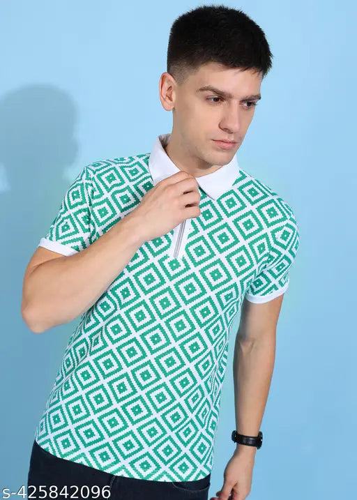 Cotton blend half sleeves printed collar polo t-shirt, polyester fabric, classic men's style for casual or semi-formal events