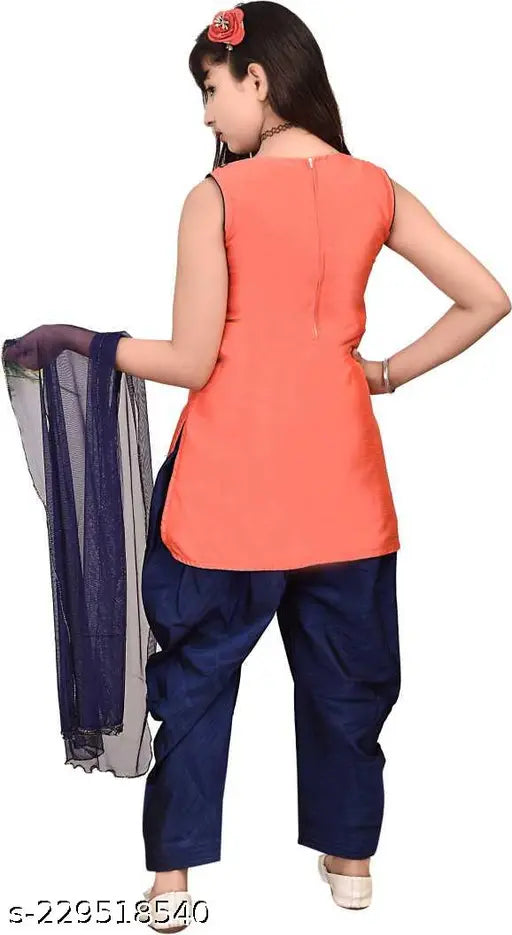 Cotton blend embroidered top & art silk solid net bottom sets for girls aged 4-11, Indian origin dress combo