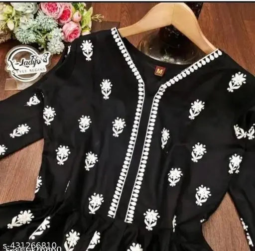 Black rayon top and bottom set with three-quarter sleeves for women and girls, intricate embroidery detailing, Indian origin