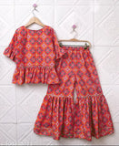 Cotton blend sharara crop top & crepe sharara dress for girl, dyed/washed in net dupatta. Versatile for festive occasions like Diwali, Eid, Christmas, or birthdays. Custom orders available. Indian origin