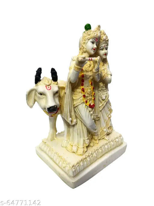 Cream-colored Polyresin Radha Krishna Cow God Idol Murti Figurine for Pooja, Mandir, Temple, Home, or Office (Size 4 x 55 x 9 inches)