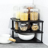 Black stainless steel 3-tier corner shelf for kitchen organization, ideal for storing dishes and utensils