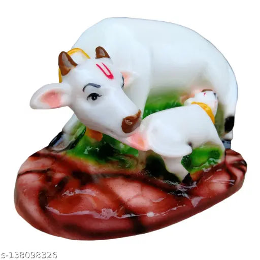 Poly Resin Kamdhenu Cow Figurine with Calf - OM SAI GIFTS Art & Craft, 5.5 x 3.5 inches