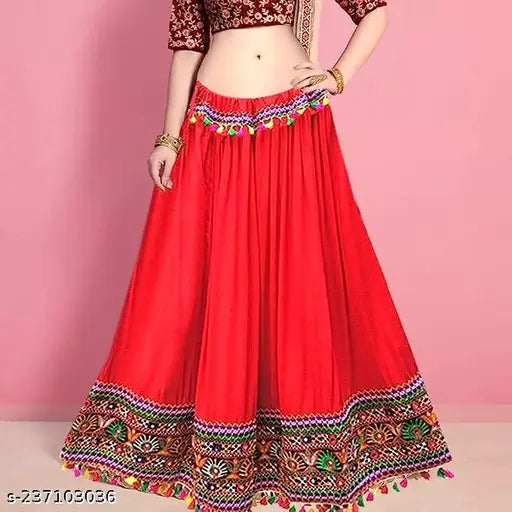 Red rayon embroidered net Lehenga skirt (Free Size), traditional Indian Gujrati fashion