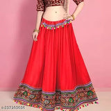 Red rayon embroidered net Lehenga skirt (Free Size), traditional Indian Gujrati fashion