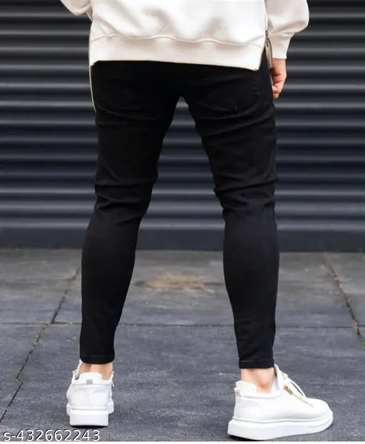 Men's slim black cotton-blend jeans, suitable for various occasions. Solid pattern, ideal for men's casual or formal wear
