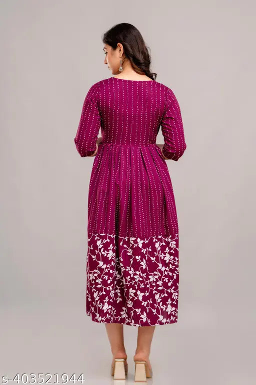 Trendy rayon Anarkali kurti with flared sleeves and printed combo, size M-XXL, India origin
