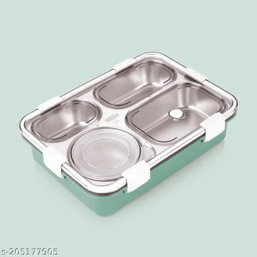 Multicolor stainless steel 4-compartment lunch box for kids, school & office use - microwave safe, includes fork, spoon, and chopsticks