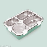 Multicolor stainless steel 4-compartment lunch box for kids, school & office use - microwave safe, includes fork, spoon, and chopsticks