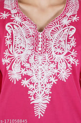 Magenta woollen Aari embroidered Kurta for women, vibrant multi-colored, three-quarter sleeves, trendy Indian party wear