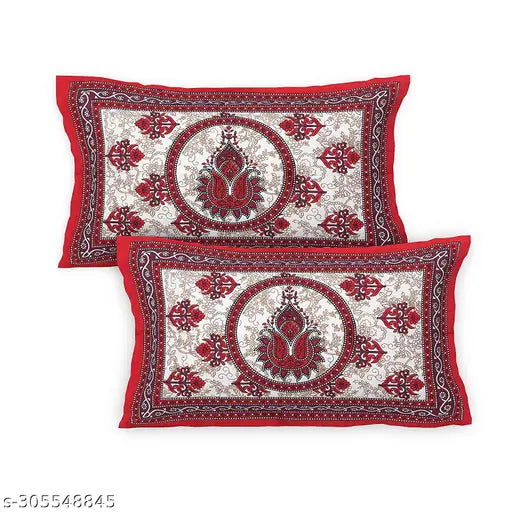 White Qfab Saganeri pure cotton bedsheet with 2 pillow covers, ethnic motifs on double queen size, ideal for AC room